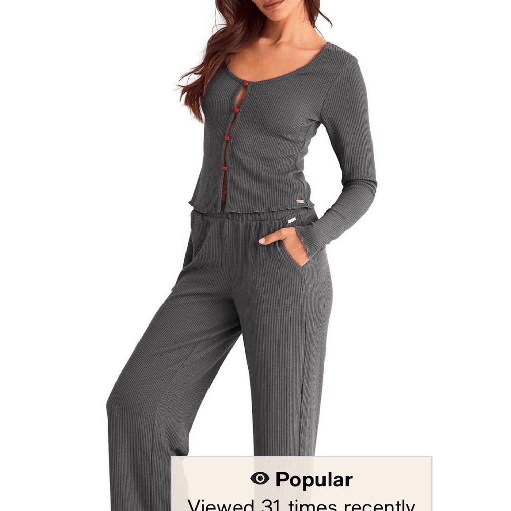 Adore Me Charcoal Gray Ribbed Long-Sleeve Pajama Set
